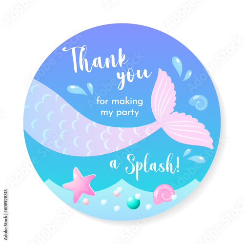 Birthday Thank you tag. Cute party favor card background decorated with of mermaid tail. Vector 10 EPS.