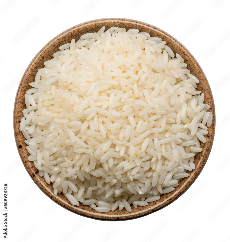 Heap of rice in a wooden plate, top view. Isolated on a transparent background. KI. Heap of rice in a wooden plate, top view. Isolated on a transparent background. KI.