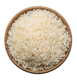 Heap of rice in a wooden plate, top view. Isolated on a transparent background. KI. 
