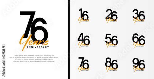 set of anniversary logo flat black color number and orange text on white background for celebration