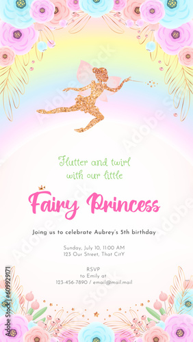 Fairy birthday party invitation template. Gold sparkling silhouette of a cute little pixie on a beautiful floral background with a rainbow. Can be used for web and social networks. Vector 10 EPS.