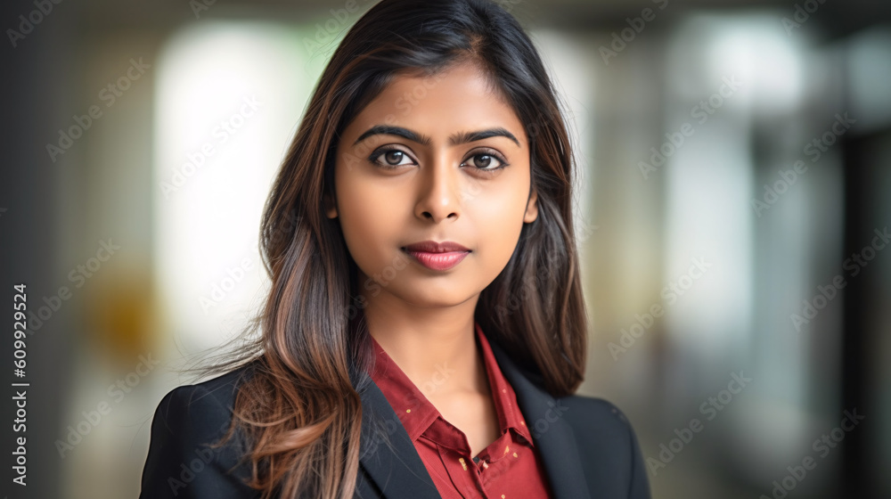 Empowered Elegance: Confident Indian Businesswoman Smiling against Blurred Office Background Empowered Elegance: Confident Indian Businesswoman Smiling against Blurred Office Background