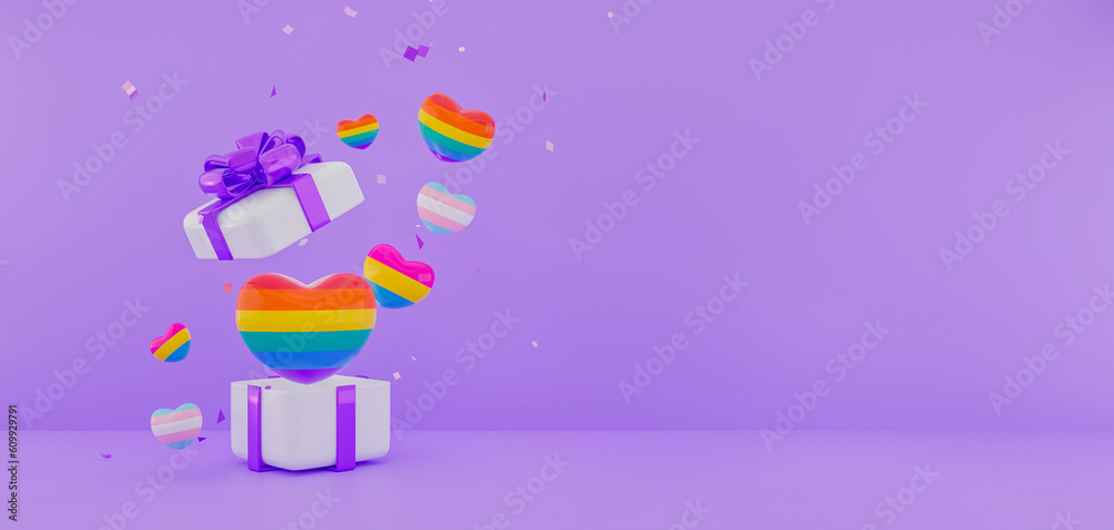 3D Render open gift box with heart shape balloons on purple background. Pride month