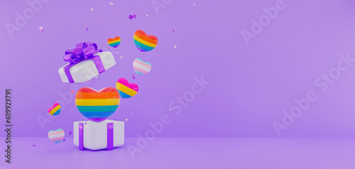 3D Render open gift box with heart shape balloons on purple background. Pride month