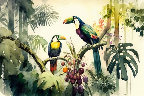 landscape on a tropical forest with trees, palms and branches standing on it, colorful birds, fruits and fruits, Generative ai