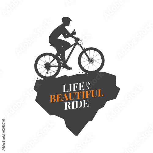 Vector black emblem silhouette of a cyclist riding on a rock. Isolated on white background.