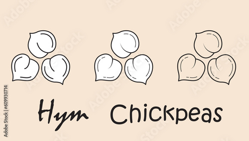 A set of objects depicting a chickpeas with the inscription "chickpeas" in Russian and English. Simple vector illustration, eps