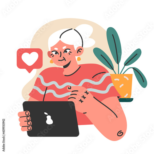 Modern old female character using internet, mobile phone and computer