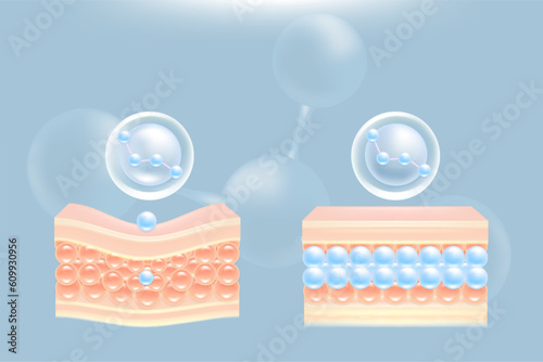 Hyaluronic acid before and after hair and skin solutions ad, blue collagen serum drop into skin cells with cosmetic advertising background ready to use, illustration vector.