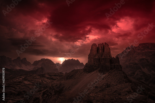 Infernal atmosphere from Sextner Stein on Toblinger Knoten mountain range in the evening. Tre Cime, Dolomites, South Tirol, Italy, Europe. © Michael