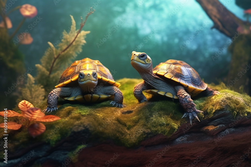 A pair of turtles basking on a log in a terrarium, representing the calm and lowmaintenance