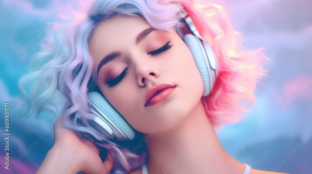 Fototapeta premium Beautiful girl with pink hair listens to music with in headphones and dreaming. 