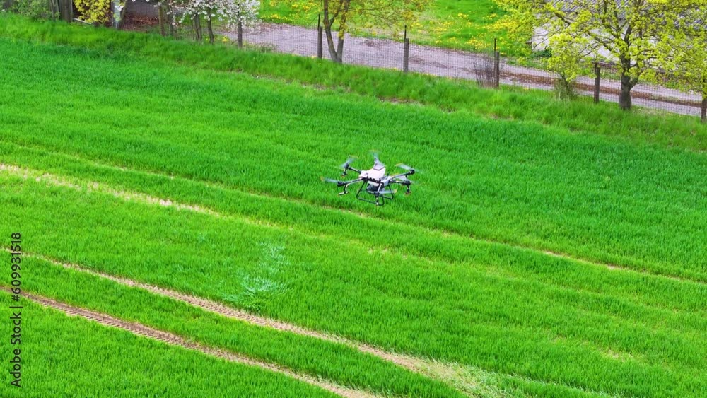 Professional Agricultural Drone Flying Above Green Farming Field, Aerial View Professional Agricultural Drone Flying Above Green Farming Field, Aerial View