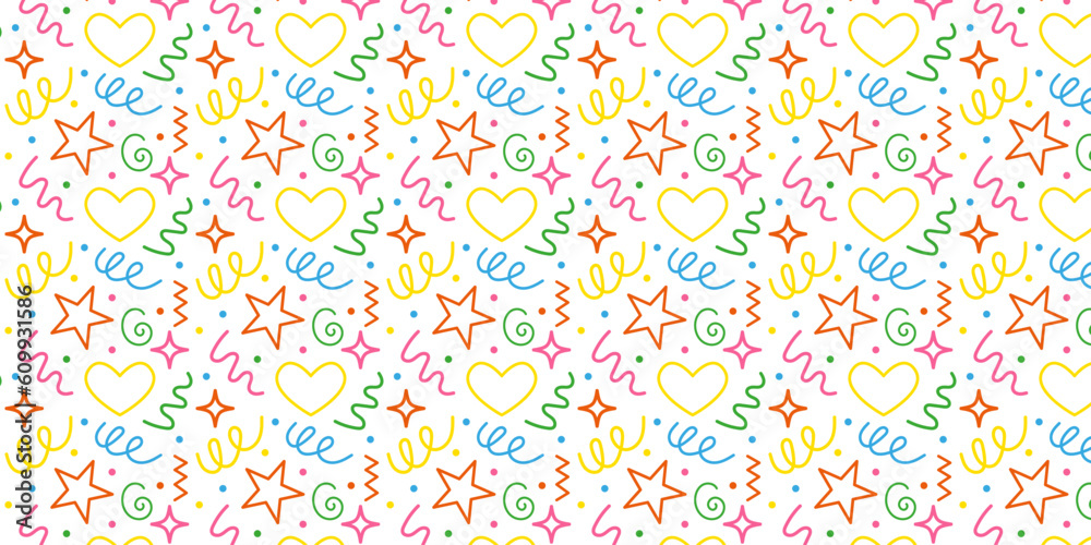 Colorful funny scribble, line, shape, seamless pattern doodle style. Festive repeating print. Childish carnival wallpaper print. Flat graphic vector illustration Colorful funny scribble, line, shape, seamless pattern doodle style. Festive repeating print. Childish carnival wallpaper print. Flat graphic vector illustration