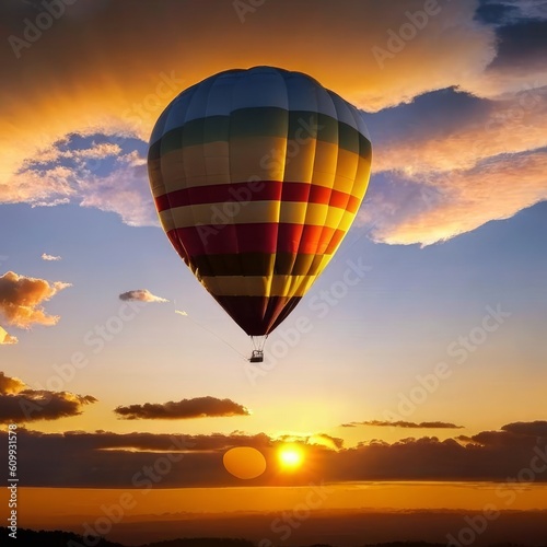 Hot air balloon in the sky with beautiful clouds at sunset background. Genrative AI