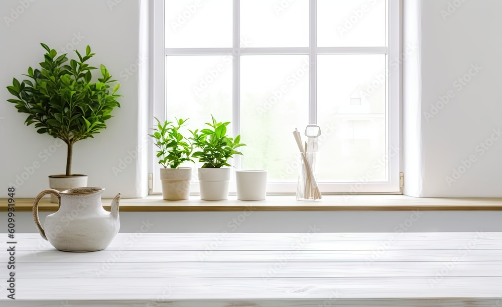 House decor inspiration. Table with stylish pot and plant on modern interior table