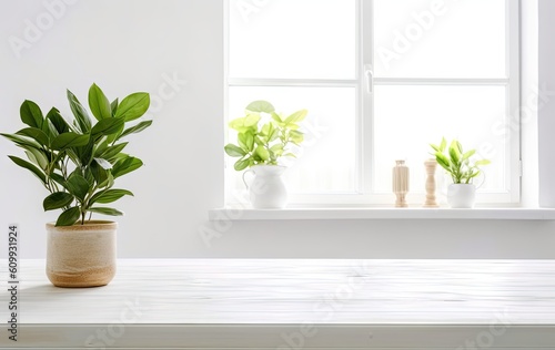 House decor inspiration. Table with stylish pot and plant on modern interior table