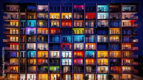 multicolored building with lots of windows and balconies. Generative Ai