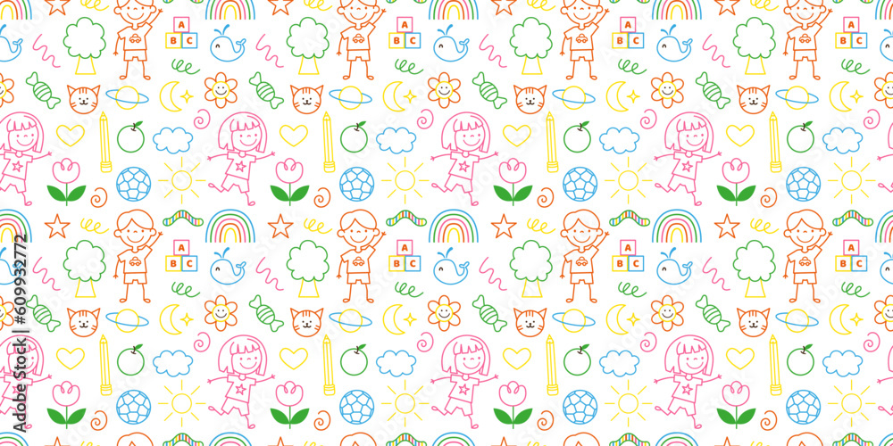 Colorful funny children, toys seamless pattern doodle style. Cute happy kids repeating print. Childish background, texture for textile, fabric, wrapping. Flat graphic vector illustration