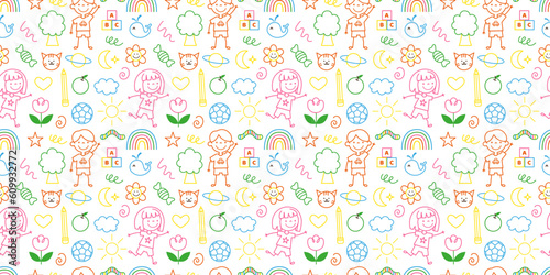 Colorful funny children, toys seamless pattern doodle style. Cute happy kids repeating print. Childish background, texture for textile, fabric, wrapping. Flat graphic vector illustration