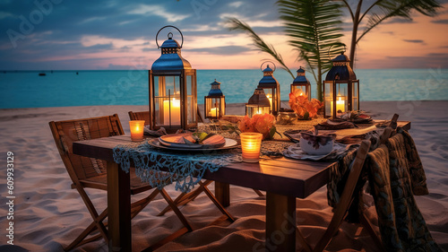 A Table Set up for a romantic meal on the beach with lanterns and chairs and flowers with palms and sky and sea in the background. Generative Ai