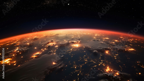 View of stars and milkyway above Earth from space. Beautiful space view of the Earth with cloud formation. Generative Ai