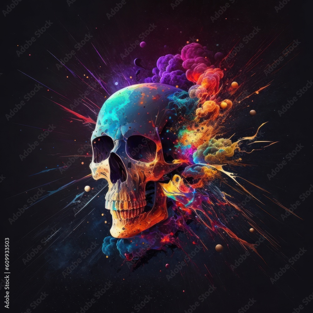 skull exploding in space colorful, Generative ai