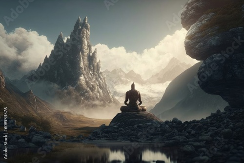 Meditating Buddha sitting backwards, beautiful landscape with mountains and clouds in the background, Generative ai