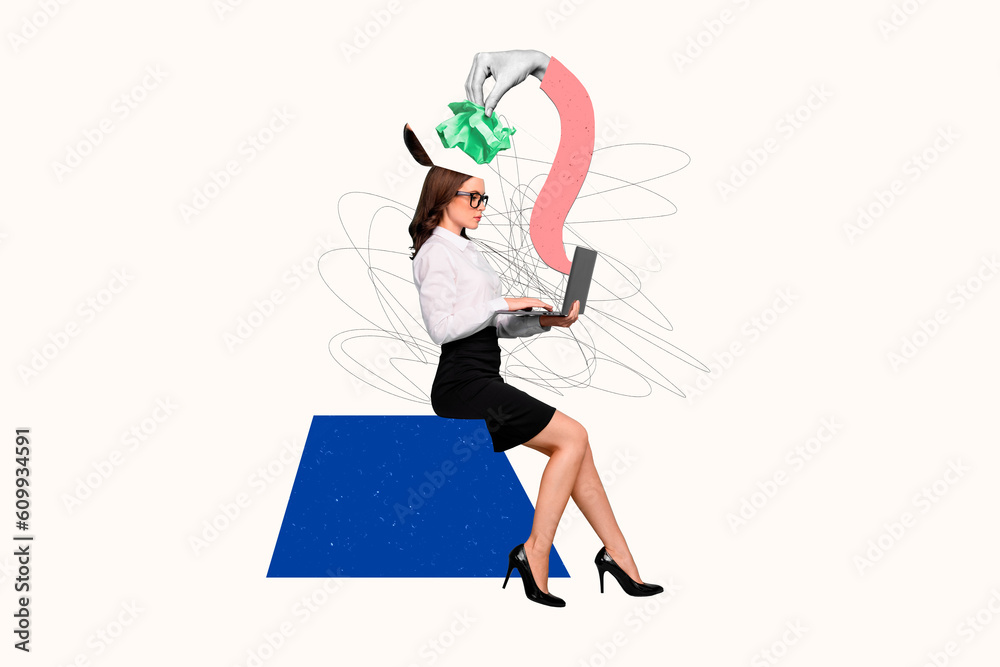 Collage picture of elegant girl use netbook display painted arm hold crumpled paper opened head isolated on white background Collage picture of elegant girl use netbook display painted arm hold crumpled paper opened head isolated on white background