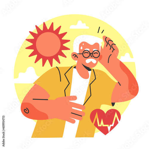 Heat stroke. Senior male character suffering from hot summer sun.