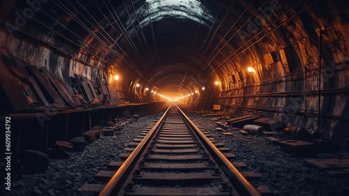 train track in a tunnel. Generative Ai