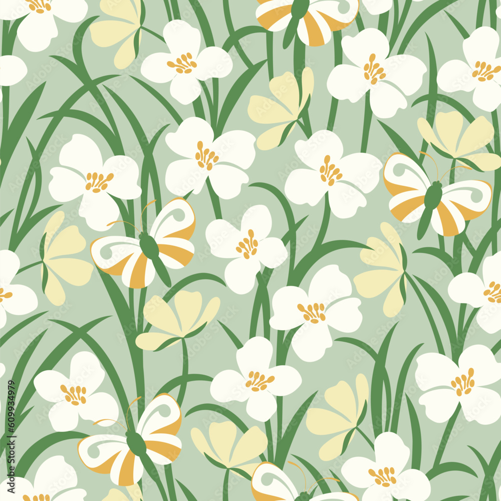 Vector seamless pattern with white wildflowers and butterflies in the meadow.