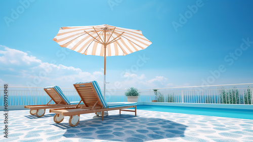 Summer vacation at poolside. Veranda decorated with deck chairs and umbrella with an ocean view with blue sky at sunny day. Generative Ai © PRI