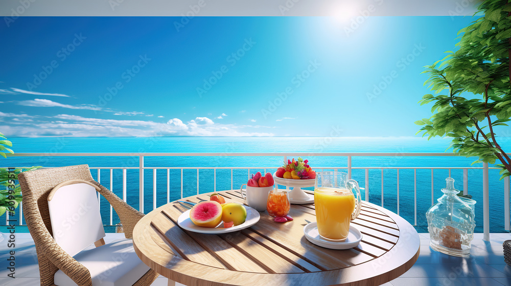 Romantic summer vacation view. Luxury travel balcony with ocean view. Generative Ai