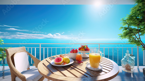 Romantic summer vacation view. Luxury travel balcony with ocean view. Generative Ai