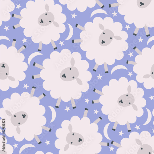 Vector seamless pattern for sweet dream bedding and clothes with funny sheep, stars and moons.