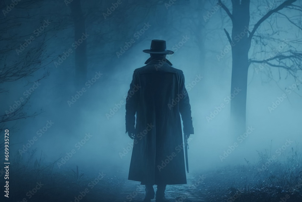 silouette of man with fedora hat and long coat walking in foggy forest, blue atmosphere, Generative ai silouette of man with fedora hat and long coat walking in foggy forest, blue atmosphere, Generative ai
