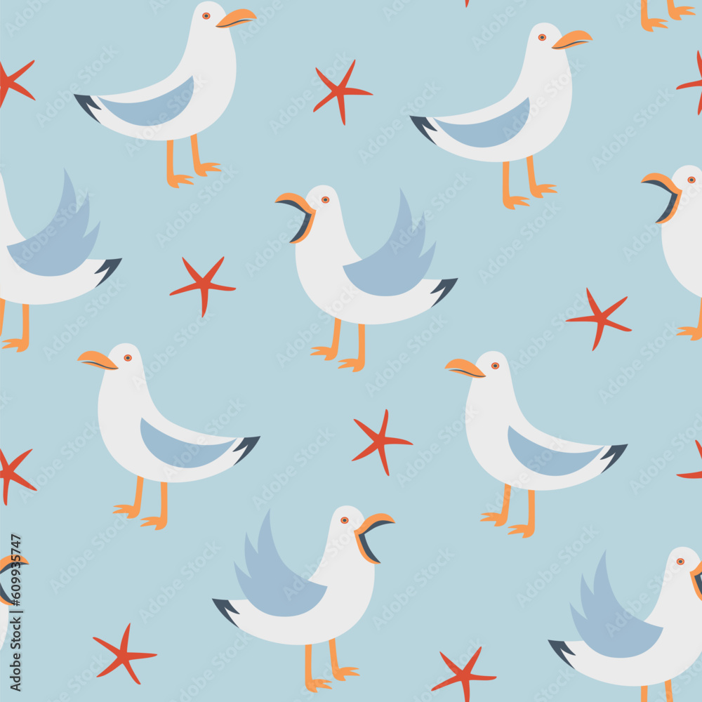 Vector seamless pattern with funny seagulls and starfishes. Vector seamless pattern with funny seagulls and starfishes.