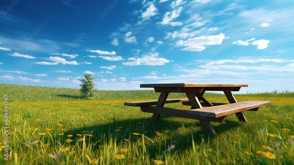 Picnic table on a green meadow  in blue sky. Generative Ai
