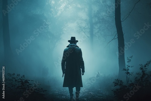 silouette of man with fedora hat and long coat walking in foggy forest, blue atmosphere, Generative ai