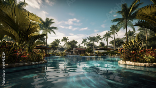 swimming pool surrounded with palms looking away while resting on tropical resort against cloudy sky. Generative Ai