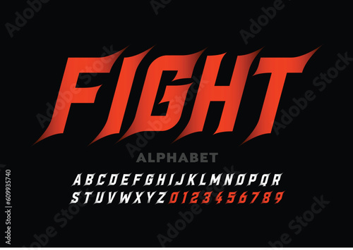 Fight sport style font, alphabet vector template with letters and numbers logo design
