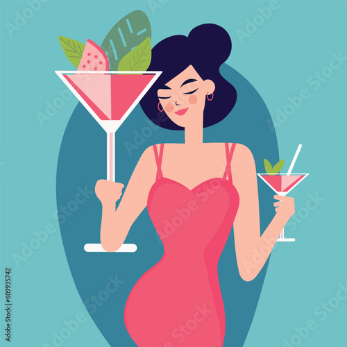 Woman with a cocktail in her hand Promotional poster or invitation to a beach party with a glass in flat illustration style. greeting card