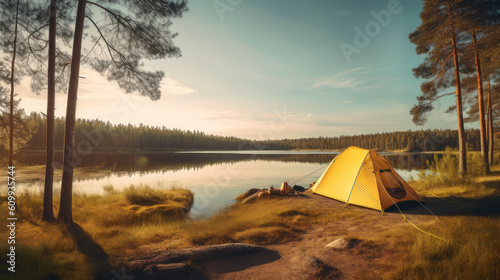 Lakeside Serenity: A Captivating Camping Experience in Swedish Twilight. Generative AI