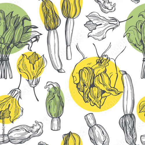 Zucchini flowers. Seamless pattern.