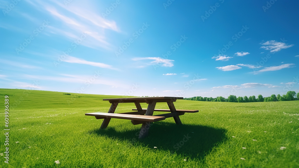 Picnic table on a green meadow in blue sky. Generative Ai Picnic table on a green meadow in blue sky. Generative Ai