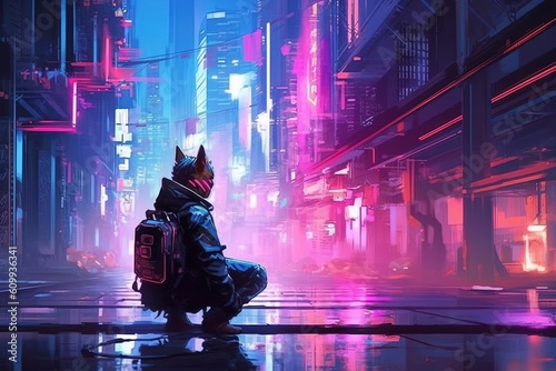 Meet Pixel, the cyberpunk feline, a cat prowling neon - lit alleyways, her cybernetic eyes reflecting the city's secrets as she weaves through a dystopian labyrinth illustration generative ai
