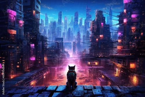 Meet Pixel, the cyberpunk feline, a cat prowling neon - lit alleyways, her cybernetic eyes reflecting the city's secrets as she weaves through a dystopian labyrinth illustration generative ai