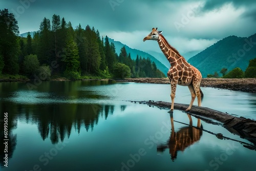 giraffe in the water AI generated 