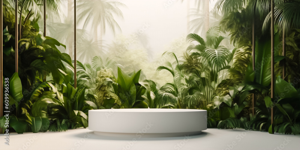 White podium for display and show product with natural tree  background by AI generative technique.